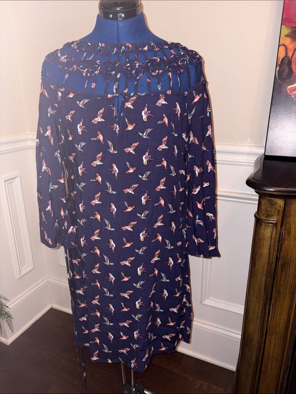NWOT Navy 3/4 Sleeve Bird-Print Crochet Yoke Dress